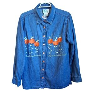 Quacker Factory Denim Shirt Pumpkin Button Up LS Small EUC